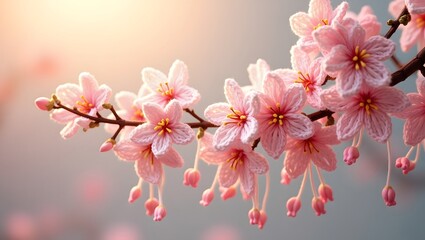 A highly detailed, vibrant 3D crochet keychain featuring a delicate Cherry blossom branch with intricately textured leaves and stems, adorned with numerous dangling petals in soft pink and white hues,