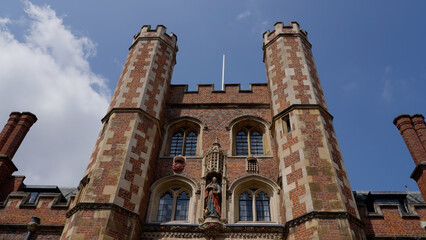 Low angle view of the majestic gatehouse of St John's College, a constituent college of the...