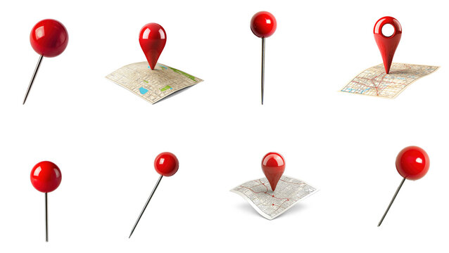 Collection of red pin stuck into a fabric surface, with the pinhead slightly tilted. isolate on transparent background