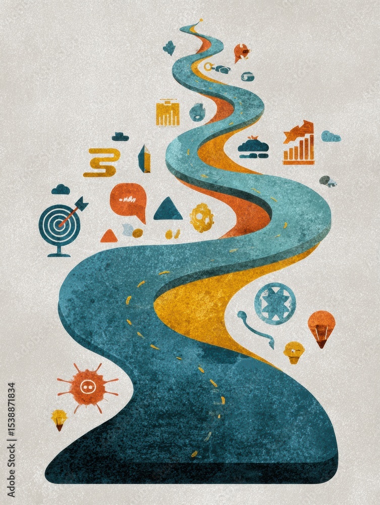 Poster winding path illustrated with icons symbolizing various life goals and aspirations