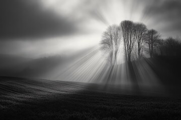 Tree silhouette with sun rays shining through clouds in a monochrome landscape.