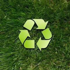 Sustainable visual of recycle sign laying in green grass.

