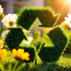 Sustainable visual of recycle sign made of green grass.
