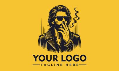 A stylized illustration of a man smoking, wearing sunglasses, and a coat.