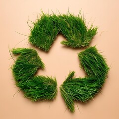 Sustainable visual of recycle sign made of green grass.
