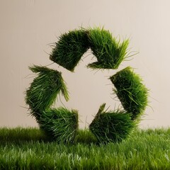 Sustainable visual of recycle sign made of green grass.

