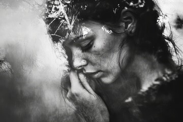 Black and white portrait of a woman with face paint and head adornment.
