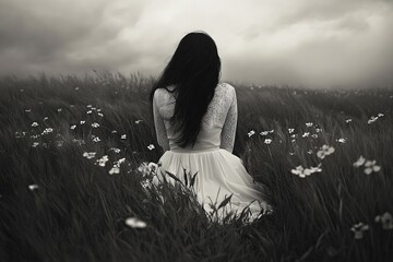 Woman sits in a flower field with her back to the viewer under a cloudy