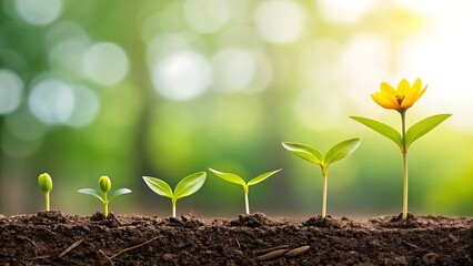 Fototapeta premium Growth stages of a plant from seedling to blooming flower in soil with blurred background