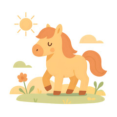 Cartoon Horse Walking in Field Under Sunny Sky Graphic Illustration