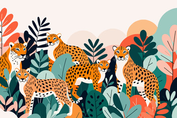Obraz premium Leopards in Lush Foliage- Vibrant Illustration of Leopards Amidst Colorful Leaves- Beautiful Jungle Scene with Majestic Leopards and Exotic Plants- Captivating Art Print