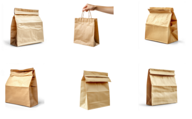 Collection of brown paper bag leaning against a wall, slightly torn at the side. isolate on transparent background