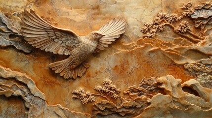 Carved dove flying in a textured landscape relief sculpture in brown and beige.