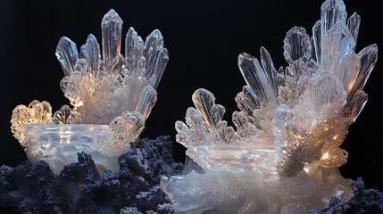 Transparent crystal formations on a dark background.