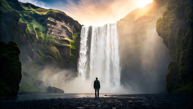 Silhouette of a person standing in front of a majestic waterfall with golden sunlight