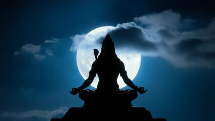 Silhouette of Lord Shiva meditating under a full moon with a celestial background