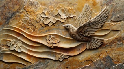 Carved stone relief featuring a bird in flight flowers and stylized waves.