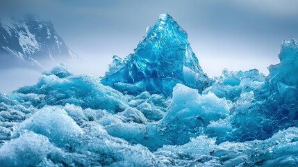 A vibrant ice formation in a glacial landscape.