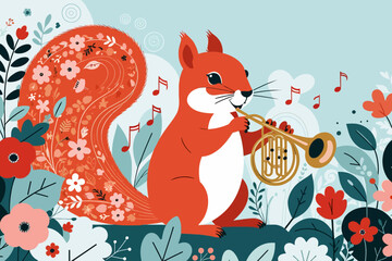 Squirrel Serenades the Forest- A Floral Symphony in Illustration- Cute Animal Art- Nature's Orchestra- Whimsical Music Scene- Gift for Music Lovers- Kids Illustration