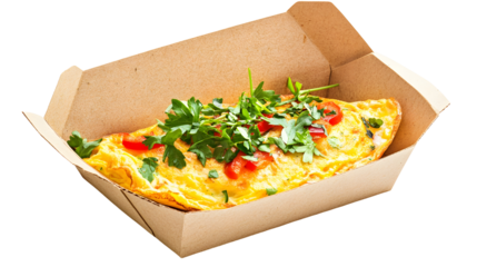 Delicious omelette with fresh herbs and tomatoes served in a recycled brown box