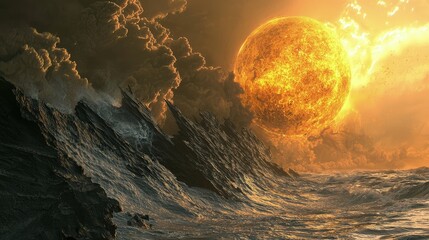 Fiery celestial body over turbulent landscape.
