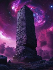 Stone monolith stands against a vibrant purple and pink nebula sky.
