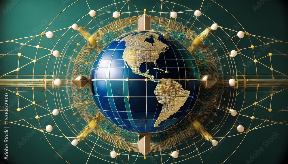 Poster stunning 3d render of a globe surrounded by gold geometric lines, abstract design, representing glob