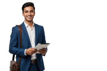 A cheerful young businessman in a blue suit holding a tablet with a shoulder bag, smiling confidently isolated on transparent background