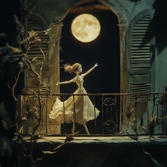 Woman in dress stands on balcony under a full moon at night.