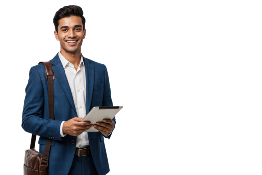 A cheerful young businessman in a blue suit holding a tablet with a shoulder bag, smiling confidently isolated on transparent background