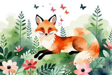 Watercolor Fox in a Floral Meadow with Butterflies- Cute Forest Animal Illustration- Whimsical Nature Art- Perfect for Children's Decor- Serene and Peaceful Scene