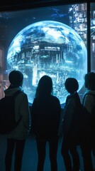 Silhouetted people look at a large earth globe display inside a building.
