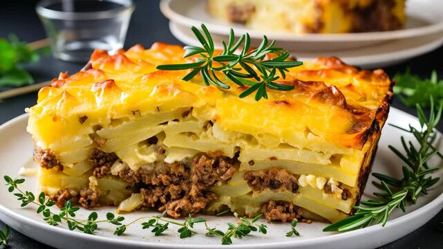 Greek moussaka with potatoes, minced meat, and bechamel sauce, garnished with rosemary