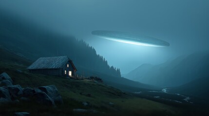 Mysterious craft hovers above a secluded cabin in the misty mountains during twilight
