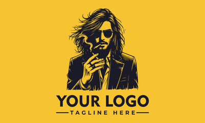 Stylish man with long hair and sunglasses, smoking a cigarette, logo design.