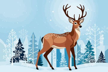 Winter Deer in Snowy Forest Illustration - Festive Holiday Graphic - Christmas Card Design - Reindeer Art for Seasonal Projects - Wildlife Scene Depiction