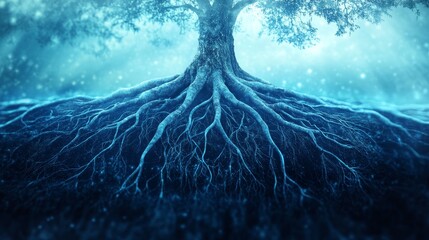 Tree with exposed roots against a blue ethereal background.