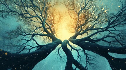 Illustration of tree branches reaching towards a bright light source in the sky.