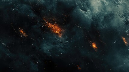 Fototapeta premium Dark, swirling clouds interspersed with fiery orange and yellow embers, creating a dramatic, chaotic, and intensely textured scene