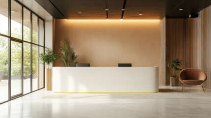 Reception counter mockup Modern style front interior registration copy space desk design indoor decoration front view White counter material plant décor