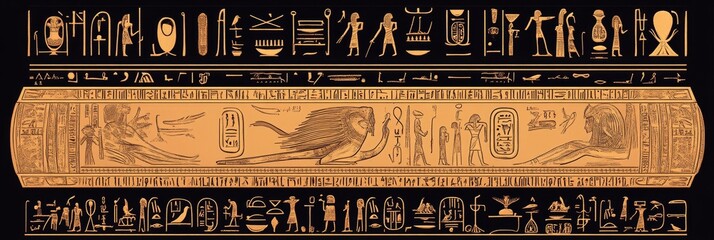 Egyptian hieroglyphs and a lion illustration on a brown background with black borders.
