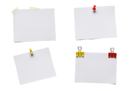 Four blank paper notes clipped to a white or transparent background, arranged in a neat grid pattern.