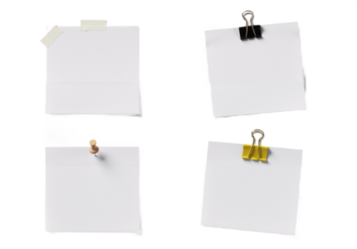 Four blank paper notes clipped to a white or transparent background, arranged in a neat grid pattern.