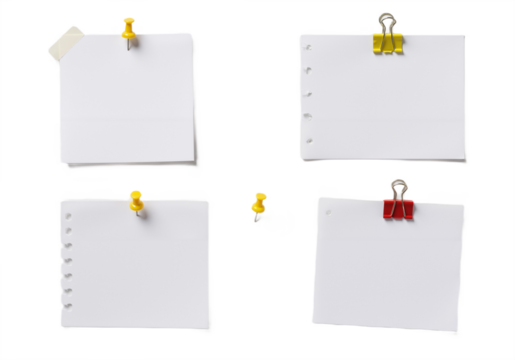 Four blank paper notes clipped to a white or transparent background, arranged in a neat grid pattern.