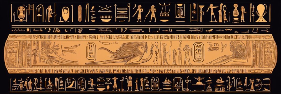 Egyptian hieroglyphs and a lion illustration on a brown background with black borders.