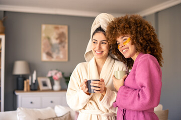 Two Women Smiling in Bathrobes with Under-Eye Patches and Drinks in a Cozy Living Room