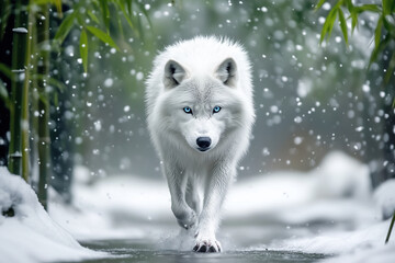 Naklejka premium Majestic dire wolf strolling in snowy bamboo forest