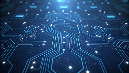 Close-up view of glowing circuit board with blue lights