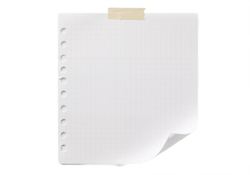 Blank paper with a piece of sticky tape placed on a white or transparent background.