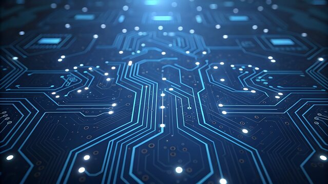 Close-up view of glowing circuit board with blue lights